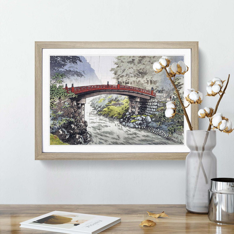 Sacred Bridge in Nikko by Tsuchiya Koitsu - Picture Frame Painting Print, Oak Framed, 36cm H x 48cm W x 2cm D