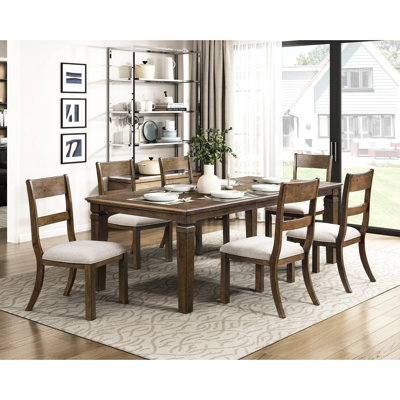 Style 7pc Dining With Extendable Table And Gray Textured Upholstered Chairs In Brown Finish, Seats 6 Rectangular