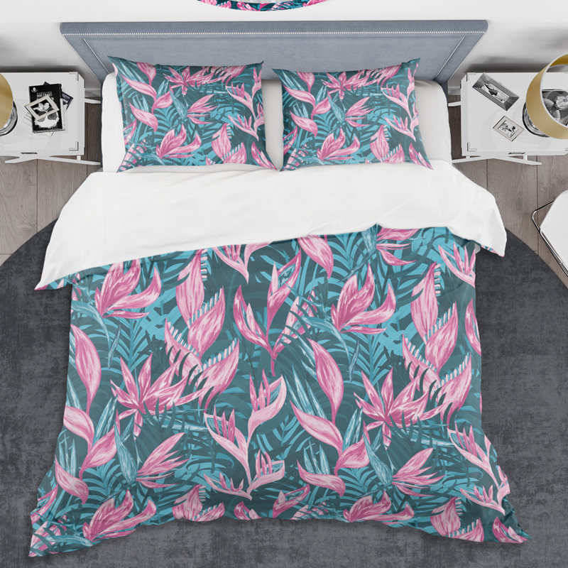 Ensemble de housse de couette handdrawn des fleurs tropicales mid-century, Housse de couette très grand + 2 taies décoratives