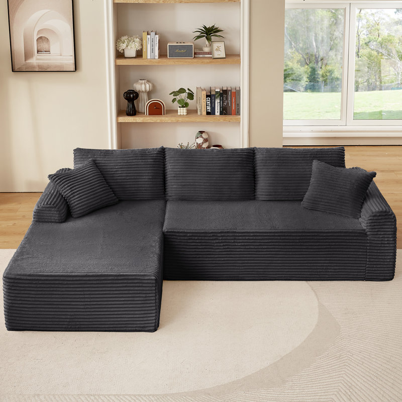 Canapé modulaire en velours côtelé avec accoudoirs arqués et coussins multiples, Gris foncé