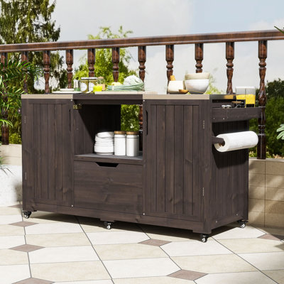 Outdoor Kitchen Island for Grills, Solid Fir Wood BBQ Table with Stainless Steel Top and Drawers