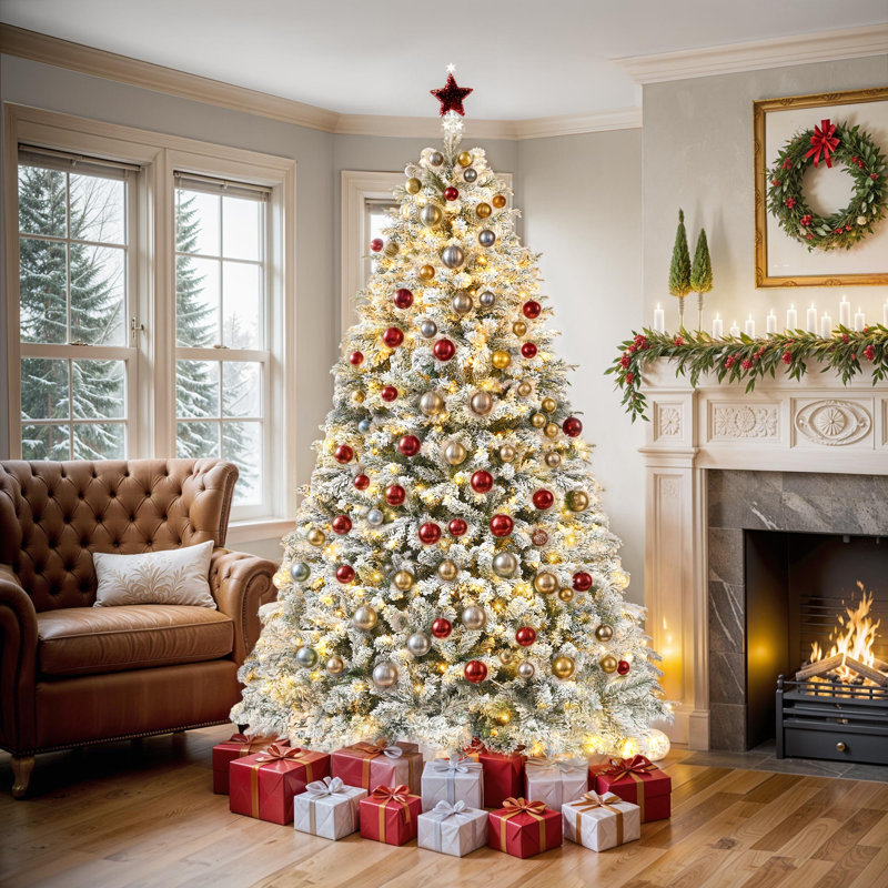  6ft Flocked/Frosted Artificial Christmas Tree, Holiday Tree With Pre Installed LED Lights