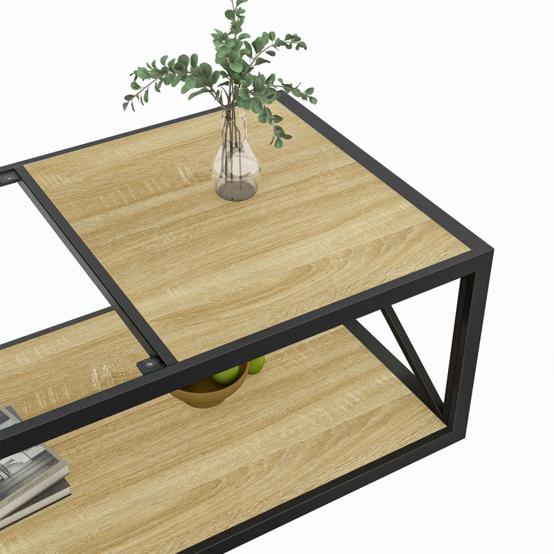 Table basse moderne pour chambre à coucher et salon, plateau en bois aggloméré en verre trempé et bois naturel, table basse de style industriel