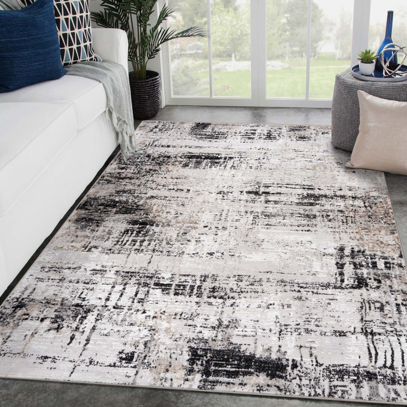 Tapis noir / blanc à motif abstrait Kailianna, Rectangle 5 pi x 7 pi