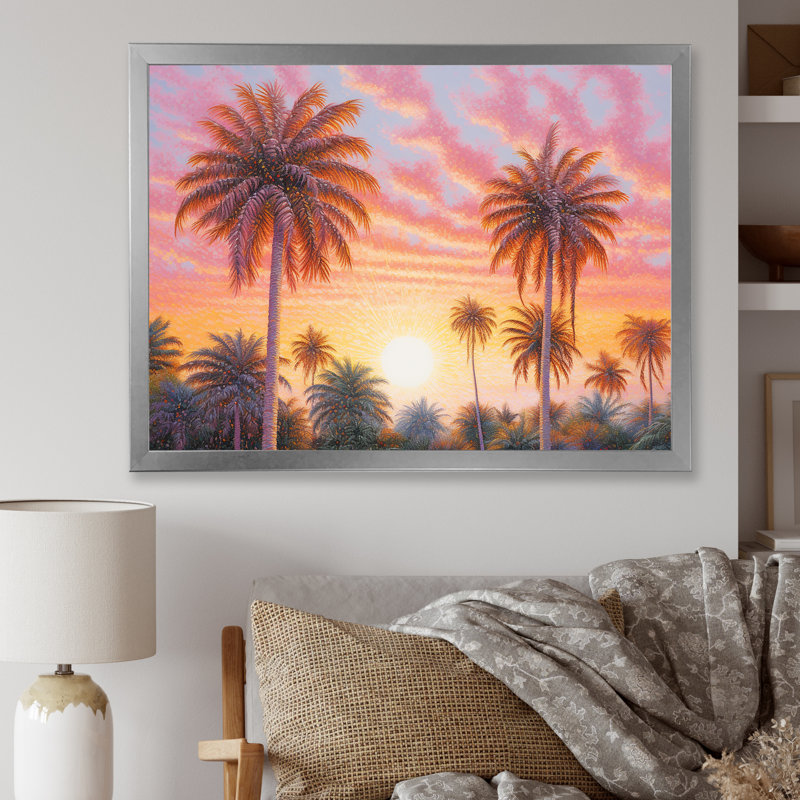 Rose radiance coucher de soleil palmiers V, H 30 po x l 40 po x P 1,5 po, Cadre photo argenté
