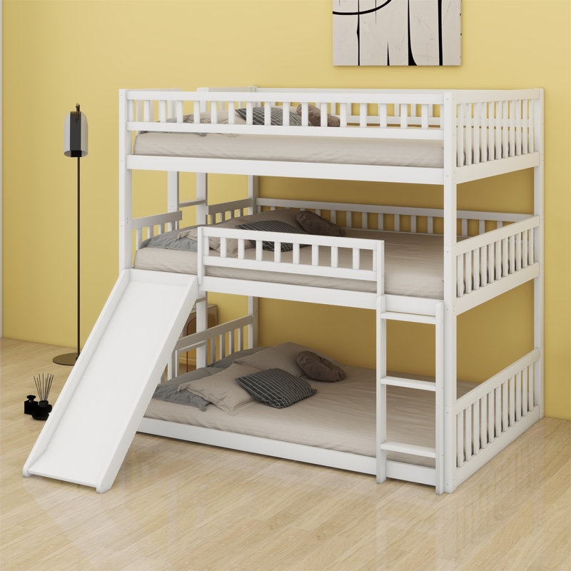 Triple Bed With Built-In Ladder,Slide And Guardrails, White
