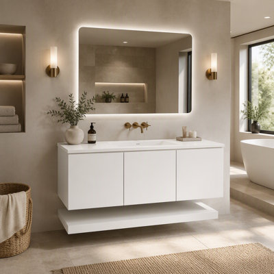 48 Inch Wall Mounted Bathroom Vanity Cabinet, Floating MDF Vanity with 3 Drawers and Open Bottom Shelf, White Painted Bathroom Vanity with Handleless Design, Composite Sink Top