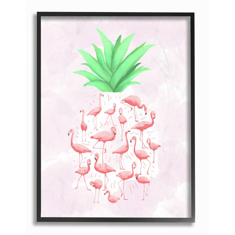 « flamant rose ananas animal rose design », impression, H 14 po x l 11 po, Giclée encadrée noir minuit