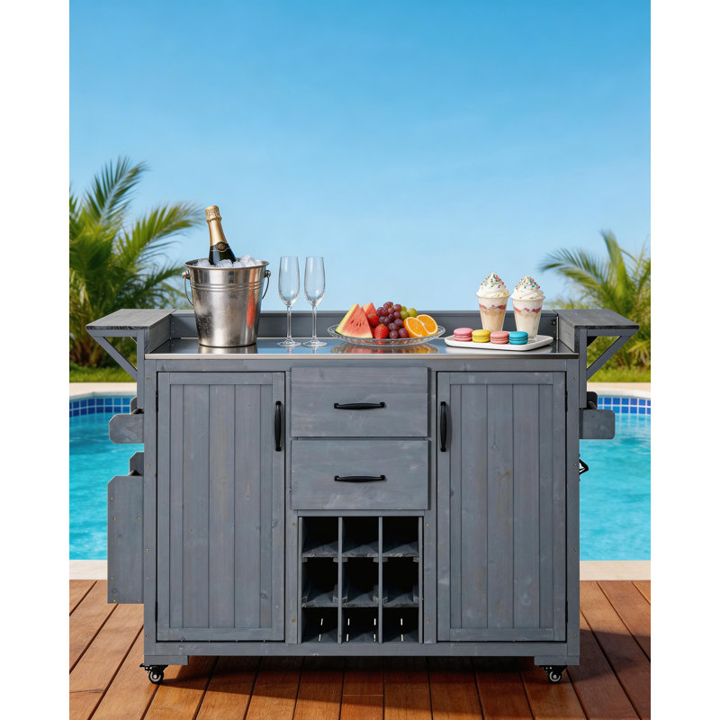 Chariot multifonctionnel pour îlot de cuisine avec plateau en acier inoxydable, armoire de rangement, tiroir et support à vin