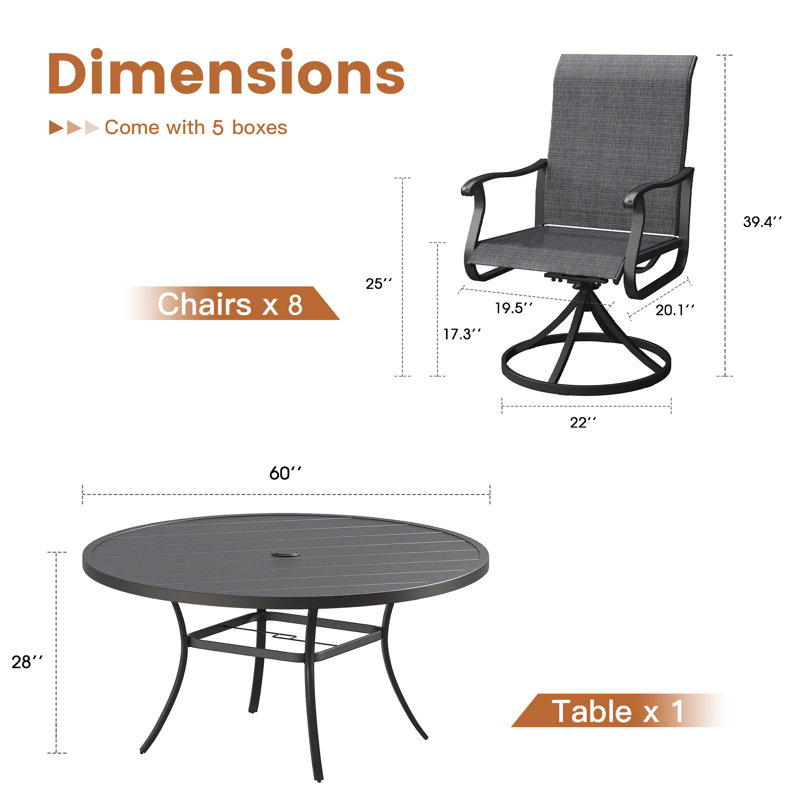 Ensemble de salle à manger de patio pour 8 personnes avec table ronde de 60 po et 8 chaises pivotantes en textilène Bray