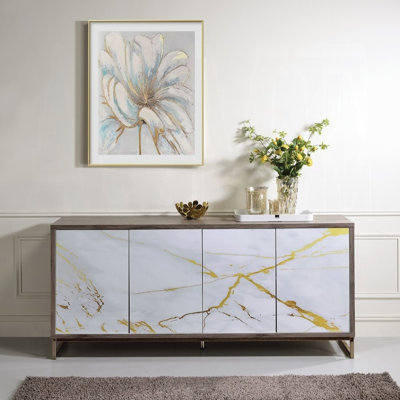 Paavan White Marble Paint Oak & Champagne Finish Console Cabinet Sideboard