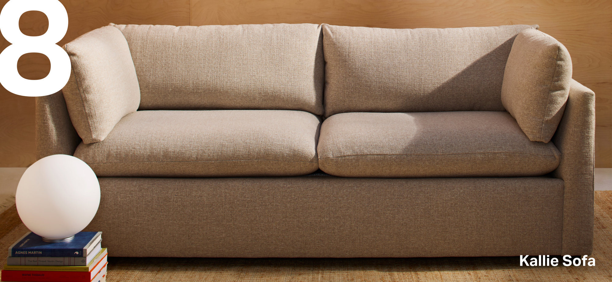 Kallie Sofa with the number 8 in the background.