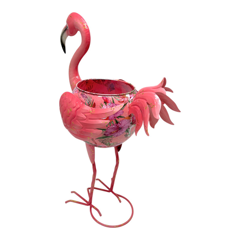 Metal Pink Flamingo Planter Flower Pot with Floral Printed Body