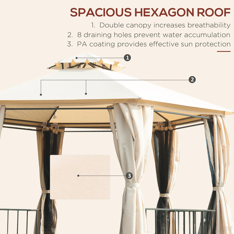 Patio Gazebo, Double Roof Hexagon Outdoor Gazebo Canopy Shelterwith Netting & Curtains, Solid Steel Frame(Canopy), Beige