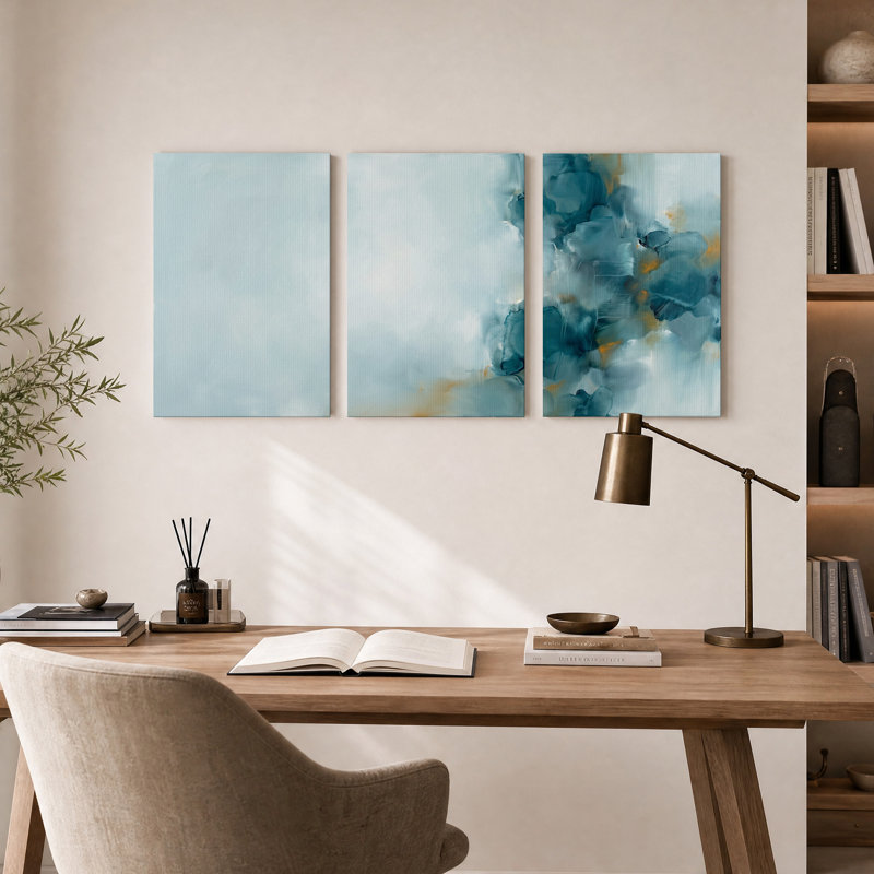 Ensemble de 3 toiles murales abstraites avec des coups de pinceau turquoise et or, 18"H x 12"W x 3pcs