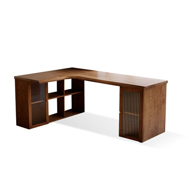 Bureau en bois massif en forme de L brun noisette