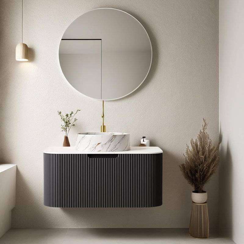 Floating Bathroom Vanity with Sink,Ceramic Basin and Marble Countertop, No Assembly Required, Black, 29.92"