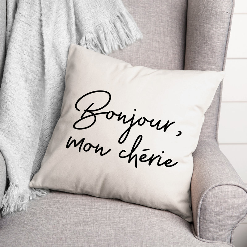Coussin décoratif noir et blanc Bonjour, Mon Cherie