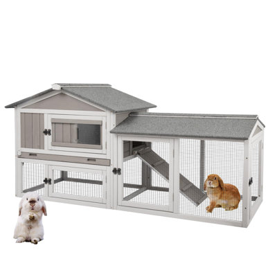 57" Outdoor Wooden Rabbit Hutch with Run, Two-Story Bunny Cage with Pull-Out Tray, Slidable Glass Window & Waterproof Asphalt Roof