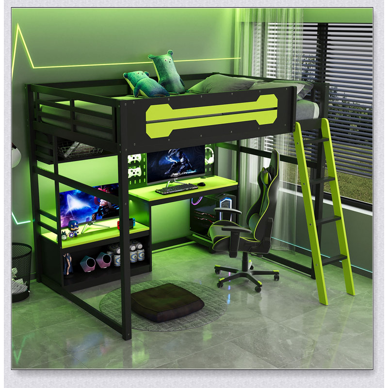Wood Loft Bed With Desk, Shelves, LED Lights, USB Ports And Pegboard, Black/Green