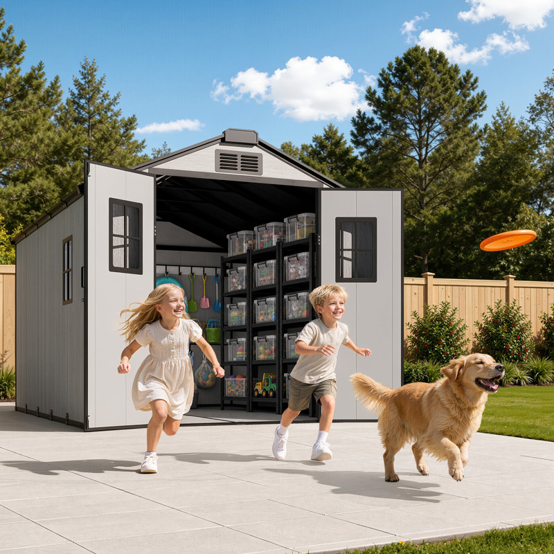 8 pi x 10 pi Remise de rangement extérieure avec fenêtres et système de circulation d'air ventilé