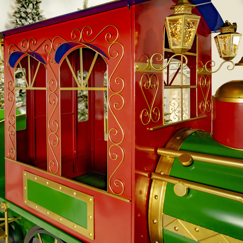 16 ft. Long X-Large Iron Christmas Train with Cart and Lanterns "The Flying Santa", Green/Red