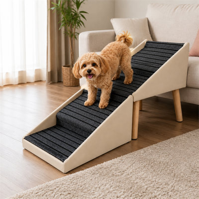 Rampe pour animaux de compagnie beige, résistante et douce pour la peau ; se replie pour un rangement peu encombrant ; sa conception à quatre marches combine un lit superposé pour chien, un canapé et un escalier.