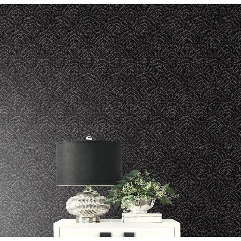 Papier peint métallisé 33 pi x 20,5 po à motif festonné Maes, Noir / argent métallique