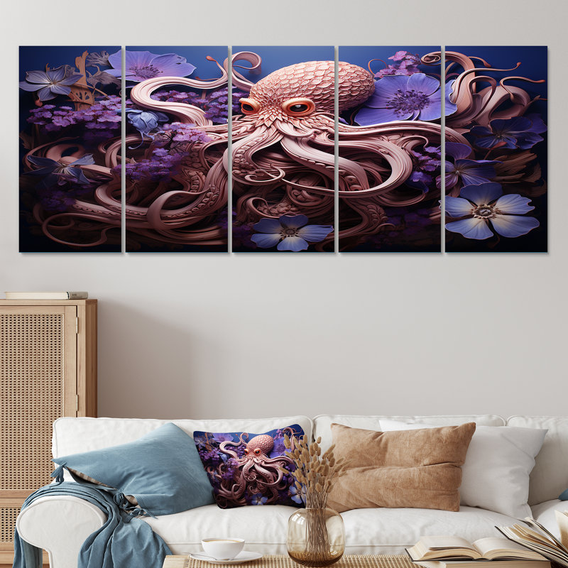 Mauve oasis de pieuvre II - ensemble d'art mural 5 pièces animaux côtiers, H 32 po x l 80 po