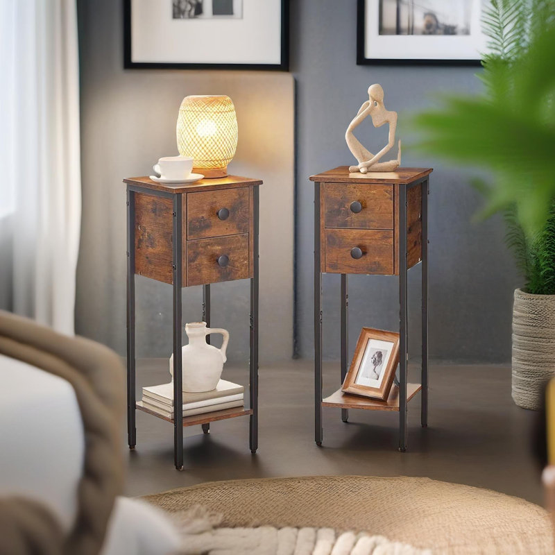 Wooden Bedside Tall Table Set with Drawers Side End Tables Bedroom Living Room Furniture, Brown