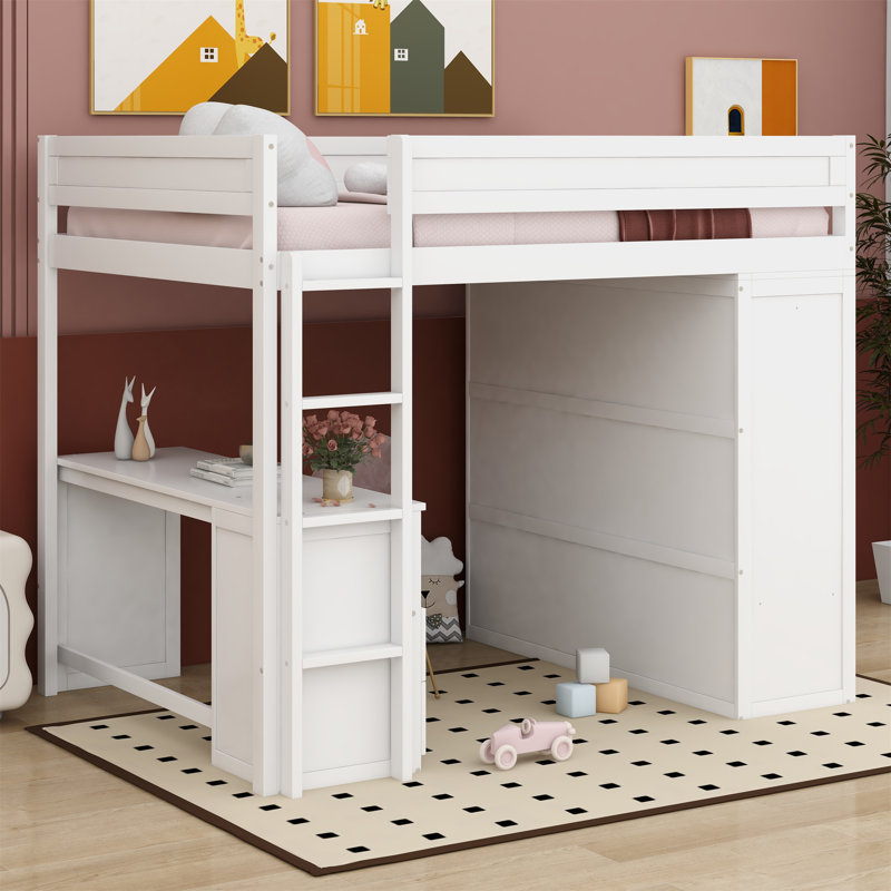 Lit mezzanine avec tiroirs Jaslena Kids, Blanc, Double