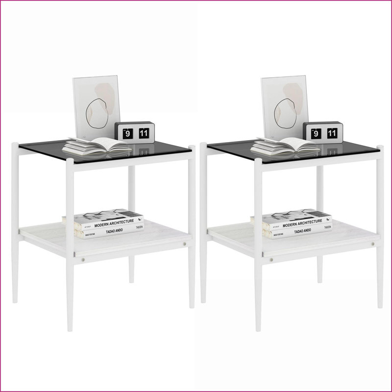 Ensemble de 2 tables basses modernes en verre trempé gris - plateau facile à nettoyer Couche de rangement pour le salon