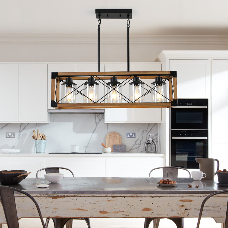  Lustre de style campagne moderne à 5 lumières de 31,5 pouces de largeur, style îlot de cuisine en bois massif pour îlot de cuisine, salle à manger
