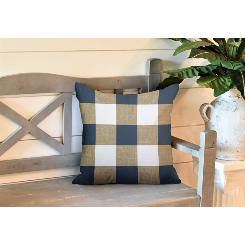Coussin intérieur / extérieur Jeb Farm House, Beige / bleu marine, L 15 po x H 15 po