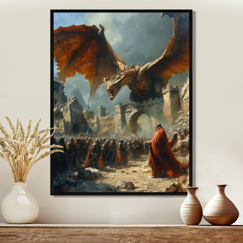 Impression épique «Bataille épique entre les dragons et les soldats IV» - Dragons, Toile avec cadre flottant noir
