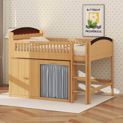Loft Bed With Storage Cabinet, Wood Loft Bed Frame With LED Light & Wardrobe