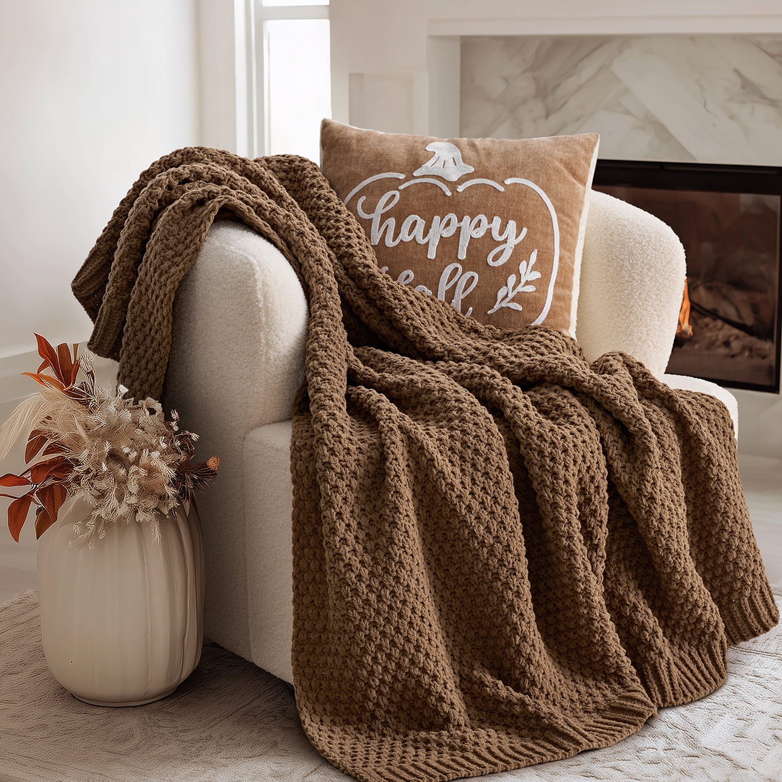 Chunky Chenille Weighted Throw Blanket, 80" L x 60" W, Camel Brown