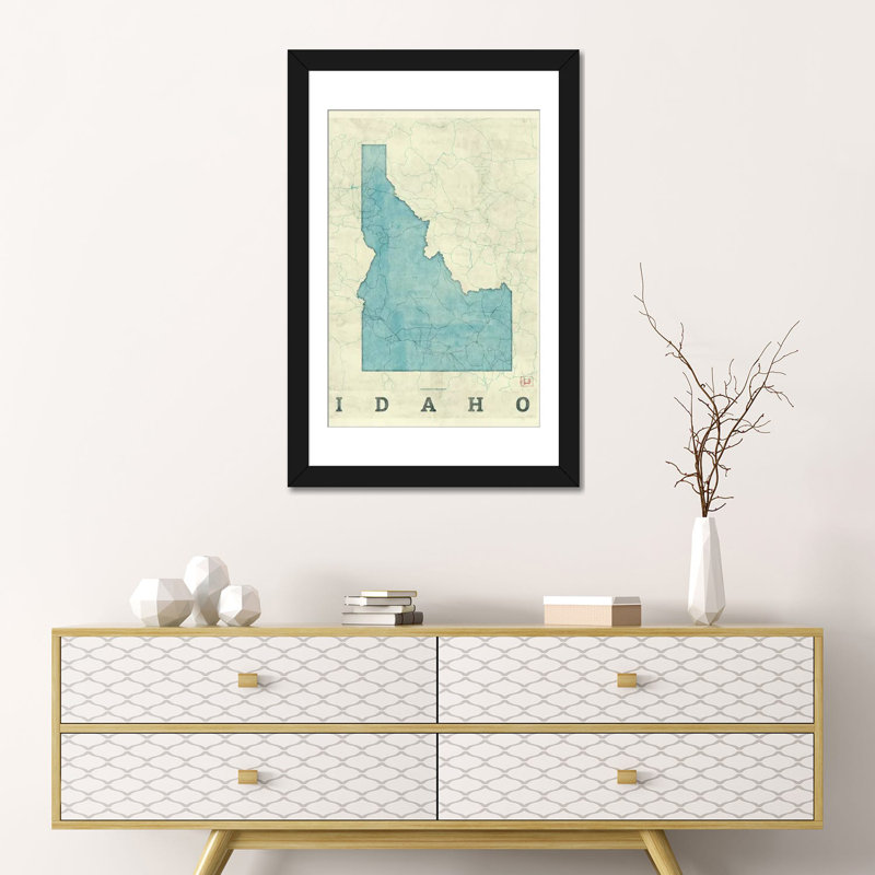 «Idaho Map», impression sur toile, Papier avec cadre noir, H 32 po x l 24 po x P 1 po, Blanc