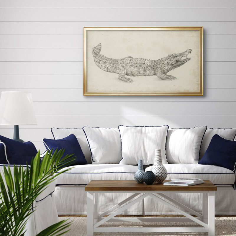 Croquis de crocodile - toile encadrée de qualité supérieure - prête à être accrochée, Cadre doré