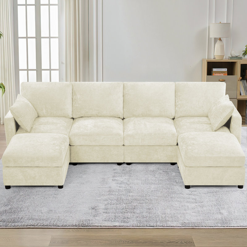 Canapé modulaire en chenille de 110 po avec deux coussins et repose-pieds, canapé moderne à 4 places avec coussin rembourré, canapé en U pour salon, bureau