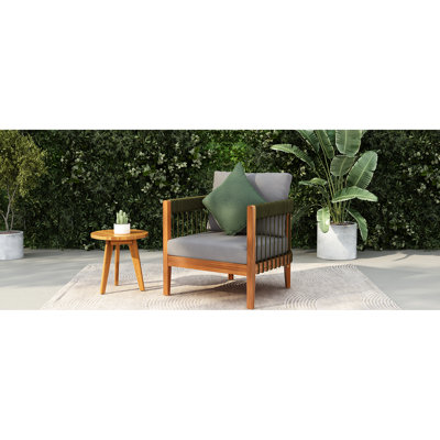 Chaise d'extérieur de jardin, bois, accents de corde tissés à la main, dossier profilé, coussins d'eau, utilisation résistante aux intempéries, détails, courbée et amovible nécessitant peu d'entretien