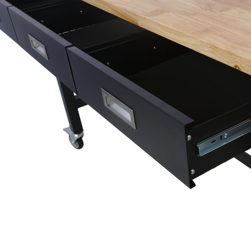 Banc de travail 60 po, banc de travail avec rangement de tiroir, table de travail en bois de bambou robuste avec roulettes pour le bureau à domicile