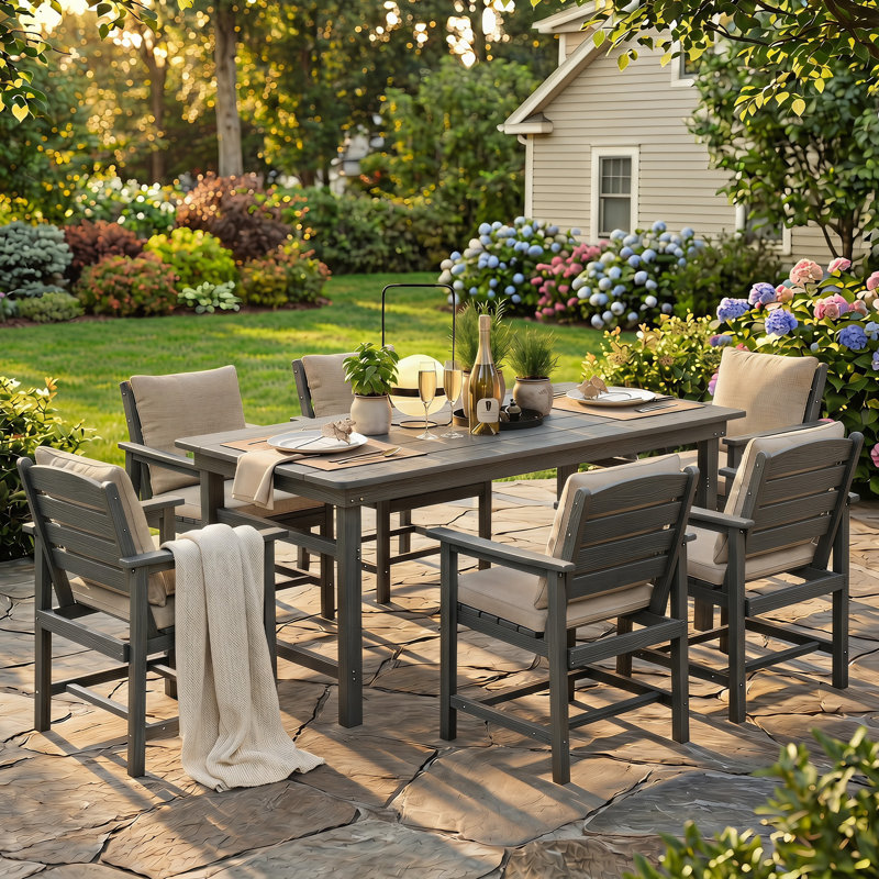  6 - Person Rectangular Outdoor Dining Set with 6 Chairs, Hdpe Patio Dining Table Sets, Gray