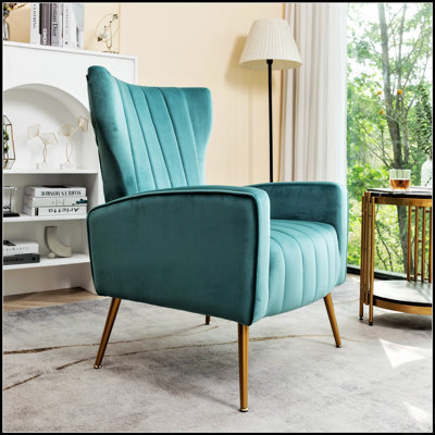 Fauteuil d'appoint en velours avec pieds en métal, fauteuil rembourré moderne, fauteuil à oreilles pour salon et petits espaces