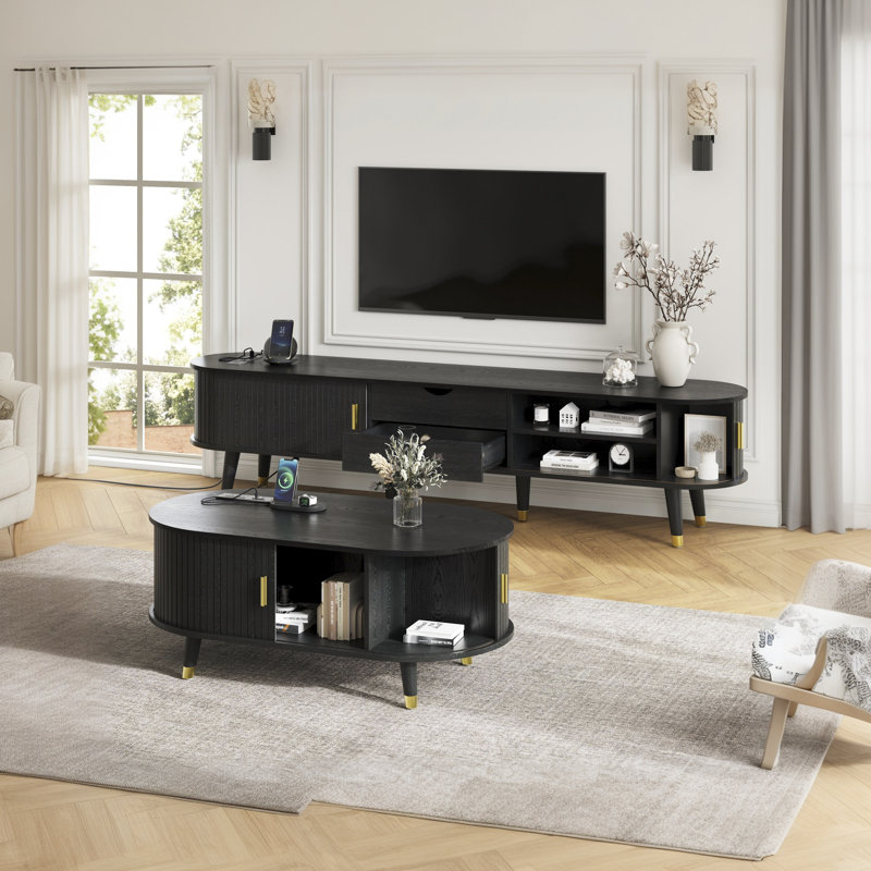 Ensemble de salon de ferme: meuble télé (80 po maximum) et table basse avec station de charge - Conception cannelée ovale, portes coulissantes, pieds en bois massif