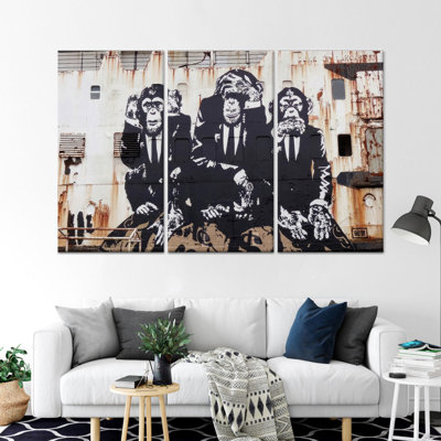 Toile imprimée: art graffiti Three Wise Monkeys - conception inspirée de Banksy, toile tendue 3P
