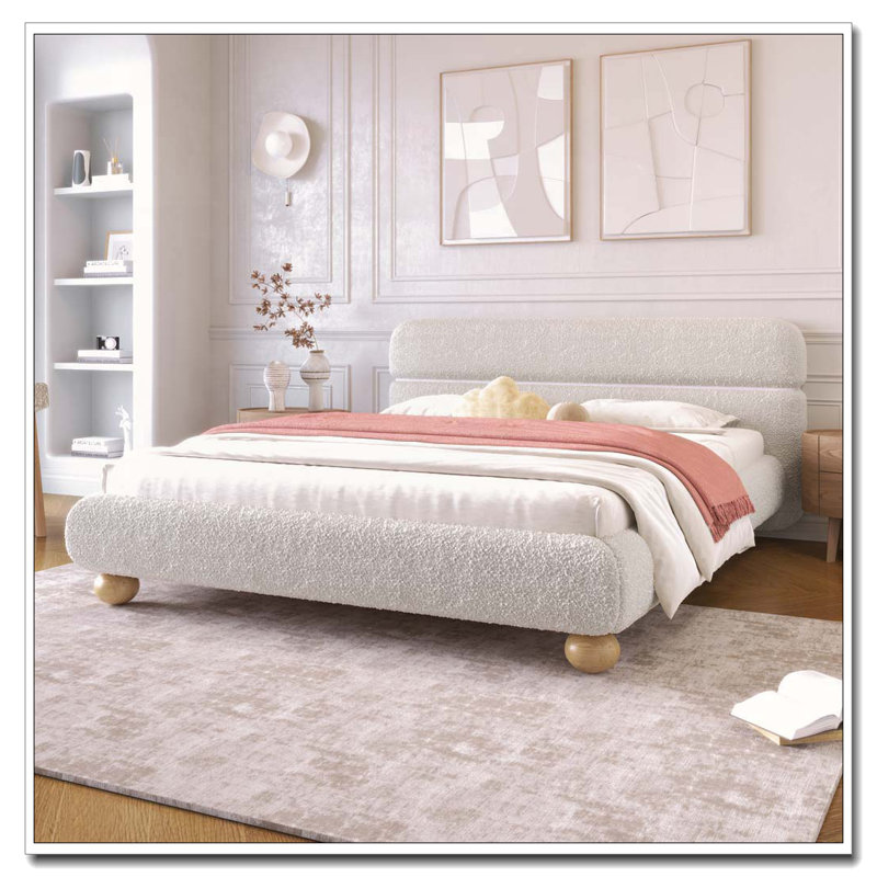 Low Profile Upholstered Bed With Teddy Fleece Fabric And Solid Round Legs Stylish Curve-Shaped Design For Bedroom