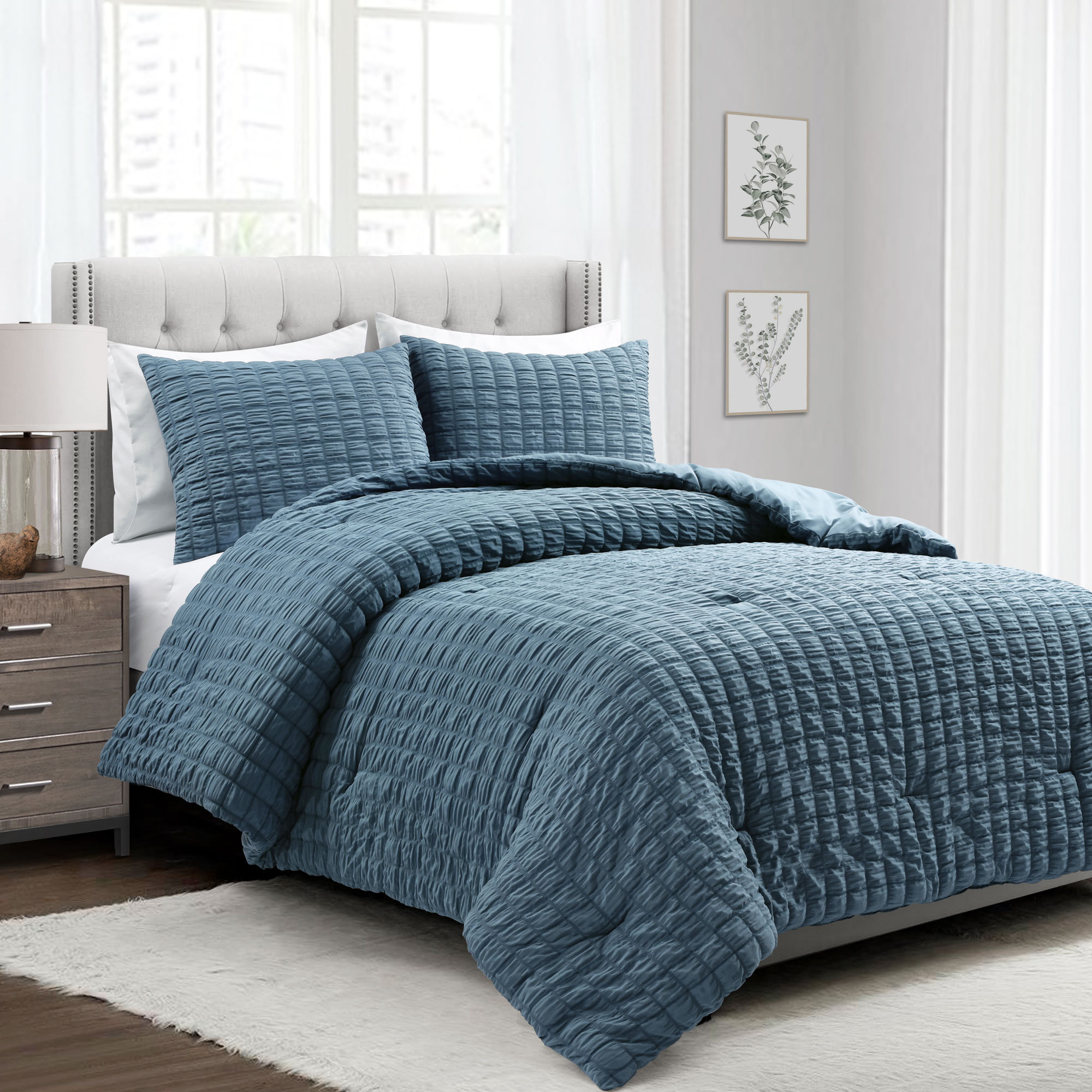 Crinkle 3 Piece All Season Crinkle Textured Dobby Comforter Set, Full, Navy