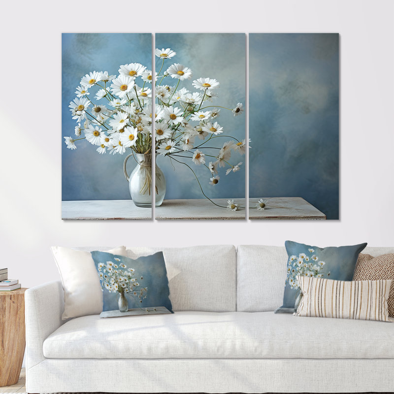 «White Daisy Efflorescence Bouquet Serenity - Daisies», ensemble d'art sur toile, H 32 po x l 48 po x P 1 po