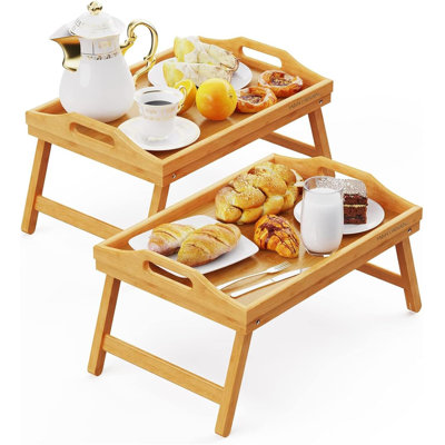 Slowe Tray Bamboo Bed Tray Table with Foldable Legs And Handles Breakfast Tray Pack of 2 (Natural)